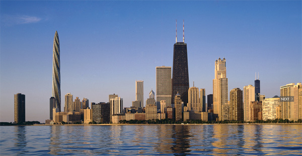 Recreación del skyline de Chicago incluyendo el rascacielos Spire (a la izquierda)