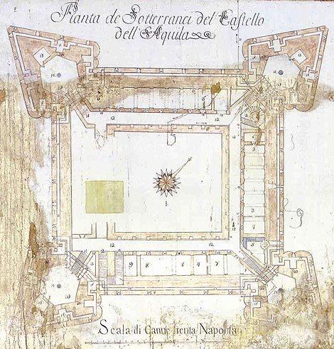 Planta del siglo XVIII de las galerías subterráneas de la fortaleza de L'Aquila.