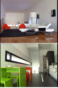 El salón (arriba) encuentra luz en las fachadas principal y posterior.