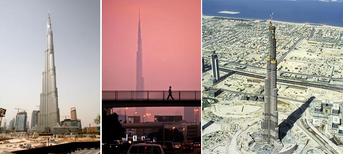 Aspecto actual de la Burj Dubai (818 m), de día y de noche A la derecha, vista aérea de la torre durante su construcción. | EFE y AP.