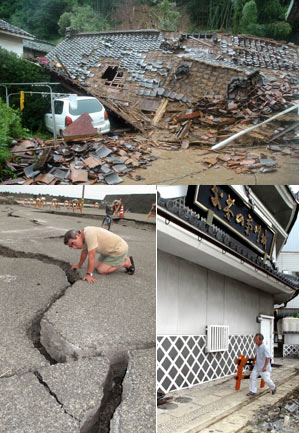Arriba, los graves efectos del tifón Etau en la ciudad de Sayo, al oeste. Abajo, los más leves del fuerte terremoto en Shizuoka, en el centro del país. | AFP