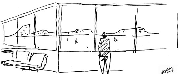 Estudio de Niemeyer - Un dibujo con las vistas desde su estudio en Río de Janeiro.