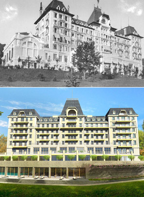 Arriba, aspecto que presentaba el Hotel hace 103 años; debajo, una recreacion del futuro aspecto del edificio. 