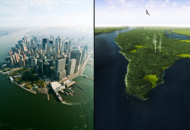 isla_de_Manhattan_20090910elpepucul_5 Comparación entre la isla de Manhattan en la actualidad y en 1609, cuando era un territorio virgen con una flora y una fauna abundante.