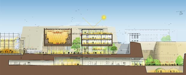 Dos planos con la obra de reconstrucción de la ópera - Proyecto:  Renzo Piano