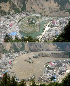Top, a view of the earthquake-damaged city of Beichuan on May 12. Below, the view on Tuesday, after a controlled drainage operation flooded parts of the damaged city. Liu Jin/Agence France-Presse — Getty Images - The New York Times