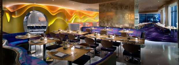 vdara Eboli chairs by Cadpdell have been set up in the dining room of Karim Rashid’s restaurant (Las Vegas)