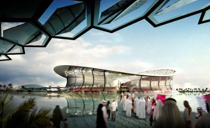  UNA ISLA EN MEDIO DEL DESIERTO DE DOHA. La refrigeración del estadio se produce a través del lago que rodea al Lusail Iconic y al que se accede por uno de sus puentes. AS.com