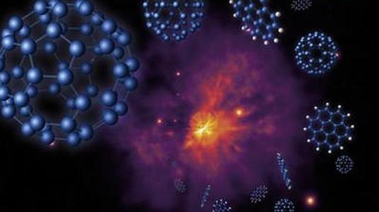 Recreación artística de las «buckybolas» alrededor de la estrella R Coronae Borealis rica en hidrógeno. IAC - ABC.es