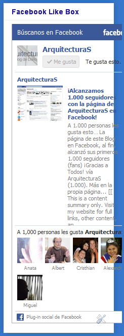 Facebook Like Box, mostrando que "A 1,000 personas les gusta ArquitecturaS."