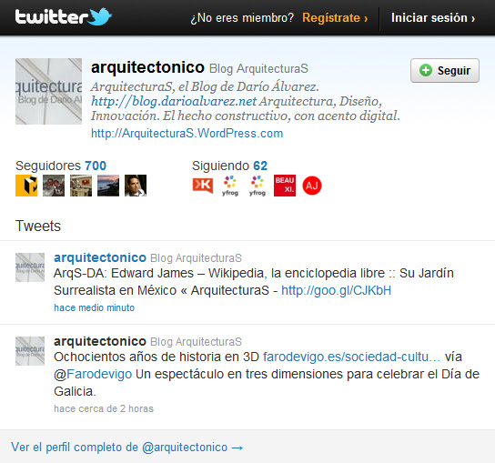 @arquitectonico ya cuenta con 700 seguidores (followers) en Twitter