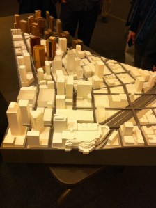 amazon-model1 A model of downtown Seattle with the three proposed Amazon.com office towers in brown - GeekWire