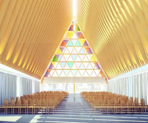 (Photo: http://www.christchurchcathedr) Designs for the "cardboard cathedral" in Christchurch, New Zealand.