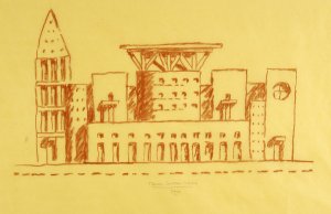A freehand sketch of the south facade of the Denver Central Library, which the writer designed. Michael Graves & Associates - NYTimes.com