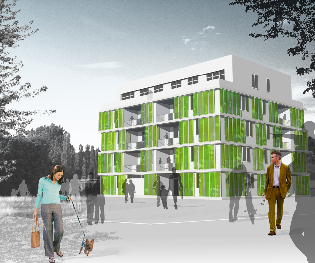 Imagen Cortesía ARUP (C) Fachada bioreactiva - modelo con personas y textura (Bioreactive Facade - image with people and texture)