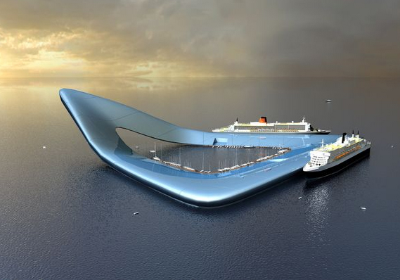 Floating Cruise Ship Terminal, illustration courtesy Koen Olthuis and Dutch Docklands for National Geographic - Web de Waterstudio.nl