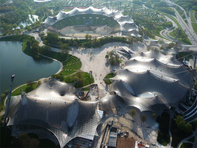 Roofing for main sports facilities in the Munich Olympic Park for the 1972 Summer Olympics, 1968–1972 Munich, Germany  Photo © Atelier Frei Otto Warmbronn