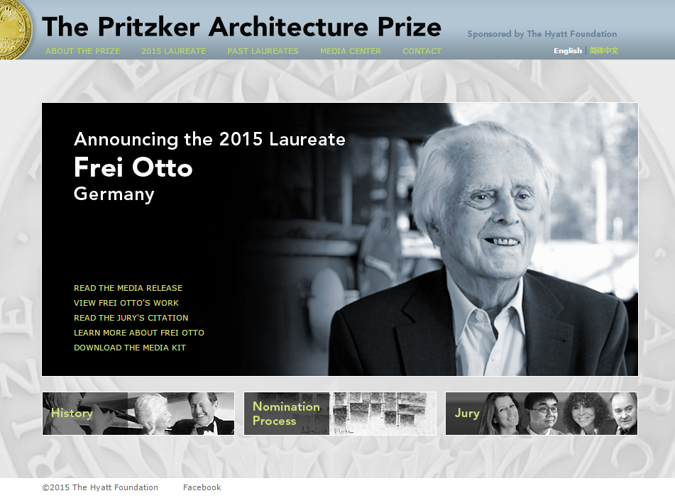 Frei Otto Receives the 2015 Pritzker Architecture Prize