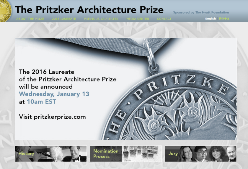 Anuncio oficial fecha nuevo ganador Premio Pritzker de Arquitectura (2016) vía www.pritzkerprize.com